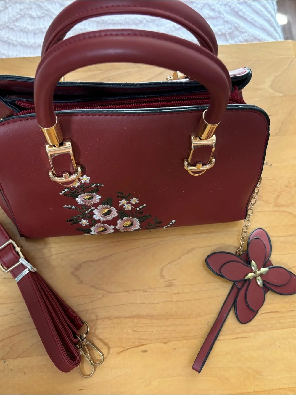 Embroidered Floral Burgundy Satchel with Gold Hardware